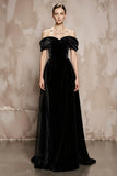Black A Line Off the Shoulder Velvet Long Formal Dress
