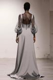 Simple Silver Long Sheath Formal Dress with Sleeves