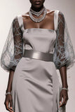 Simple Silver Long Sheath Formal Dress with Sleeves