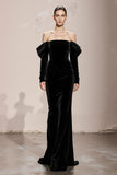Black Mermaid Velvet Off the Shoulder Maxi Formal Dress with Sleeves