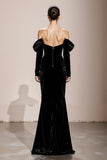 Black Mermaid Velvet Off the Shoulder Maxi Formal Dress with Sleeves