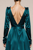 Peacock Green Satin V-Neck A Line Long Formal Dress with Sleeves