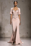 Sparkly Light Pink Beaded Mermaid Long Formal Dress with Slit