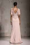 Sparkly Light Pink Beaded Mermaid Long Formal Dress with Slit