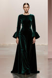 Dark Green Round Neck A Line Velvet Long Formal Dress with Sleeves