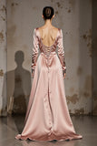 Light Pink A Line V-Neck Satin Maxi Formal Dress with Sleeves