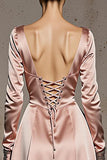 Light Pink A Line V-Neck Satin Maxi Formal Dress with Sleeves