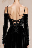 Black Velvet Cold Shoulder Long Formal Dress with Sleeves