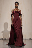 Burgundy Off the Shoulder Satin A Line Maxi Formal Dress