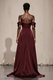 Burgundy Off the Shoulder Satin A Line Maxi Formal Dress