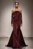 Burgundy Mermaid Satin Off the Shoulder Long Formal Dress with Lace