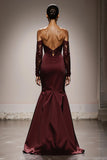 Burgundy Mermaid Satin Off the Shoulder Long Formal Dress with Lace