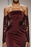 Burgundy Mermaid Satin Off the Shoulder Long Formal Dress with Lace