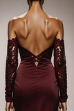 Burgundy Mermaid Satin Off the Shoulder Long Formal Dress with Lace