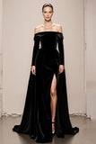 Black A Line Velvet Off the Shoulder Maxi Holiday Party Dress with Slit