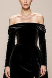 Black A Line Velvet Off the Shoulder Maxi Holiday Party Dress with Slit