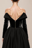 Black A Line Velvet Off the Shoulder Maxi Holiday Party Dress with Slit