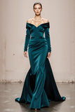 Peacock Green Mermaid Off the Shoulder Satin Long Sleeves Formal Dress