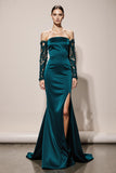 Peacock Green Satin Off the Shoulder Mermaid Long Formal Dress with Lace