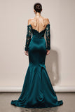 Peacock Green Satin Off the Shoulder Mermaid Long Formal Dress with Lace