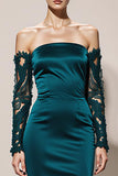 Peacock Green Satin Off the Shoulder Mermaid Long Formal Dress with Lace