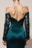 Peacock Green Satin Off the Shoulder Mermaid Long Formal Dress with Lace