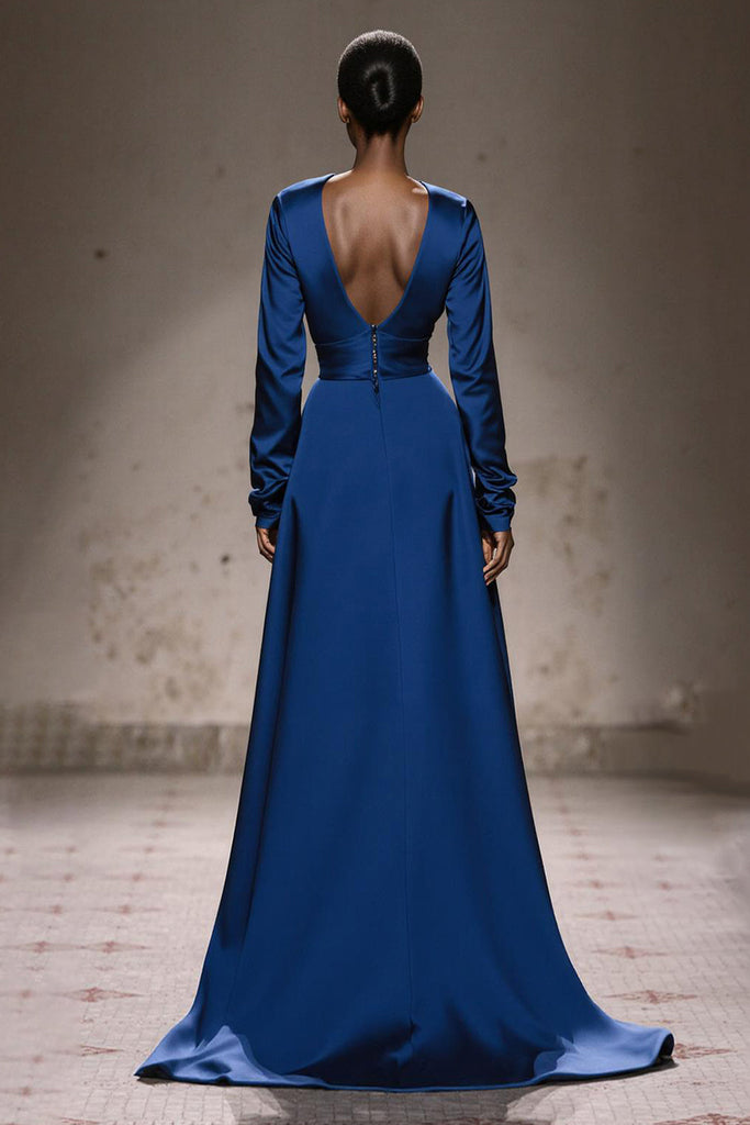 Leely Women Royal Blue Long Sleeves Satin Formal Dress with Sash A Line