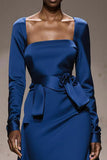 Royal Blue Square Neck Satin Long Sleeves Formal Dress with Sash