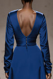Royal Blue Square Neck Satin Long Sleeves Formal Dress with Sash