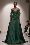 Dark Green A Line Off the Shoulder Satin Long Formal Dress with Lace