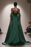 Dark Green A Line Off the Shoulder Satin Long Formal Dress with Lace