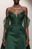 Dark Green A Line Off the Shoulder Satin Long Formal Dress with Lace