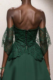 Dark Green A Line Off the Shoulder Satin Long Formal Dress with Lace