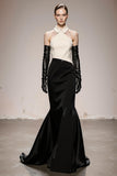 Black and White Satin Patchwork Halter Mermaid Long Formal Dress