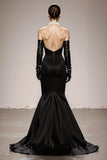 Black and White Satin Patchwork Halter Mermaid Long Formal Dress