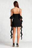 Black Cold Shoulder Bodycon Short Cocktail Dress with Ruffles