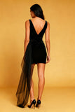 Black Bodycon Velvet Cowl Neck Short Cocktail Dress with Side Cape
