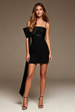 Black Spaghetti Straps Bodycon Short Cocktail Dress with Side Cape