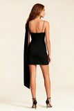 Black Spaghetti Straps Short Bodycon Cocktail Dress with Cape