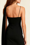 Black Spaghetti Straps Short Bodycon Cocktail Dress with Cape