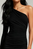 Black Tight One Shoulder Short Cocktail Dress with Sleeves