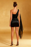 Black One Shoulder Tight Satin Short Cocktail Dress with Cape