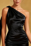 Black One Shoulder Tight Satin Short Cocktail Dress with Cape