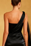 Black One Shoulder Tight Satin Short Cocktail Dress with Cape