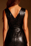 Glitter Black Tight V-Neck Asymmetrical Short Cocktail Dress