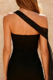 Black Tight One Shoulder Short Cocktail Dress with Cape