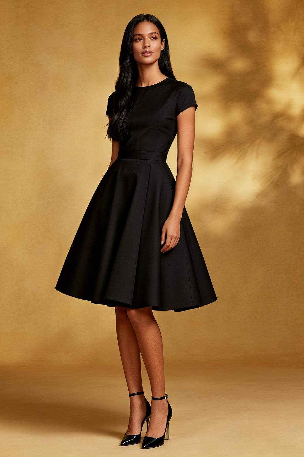 Leely Women Black A Line Midi Birthday Party Dress Round Neck Short