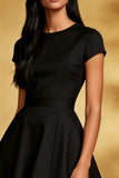 Black Round Neck A Line Short Cocktail Dress with Sleeves