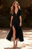 Black A Line V-Neck Chiffon Maxi Dress with Slit