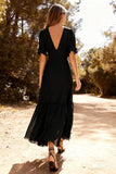 Black A Line V-Neck Chiffon Maxi Dress with Slit
